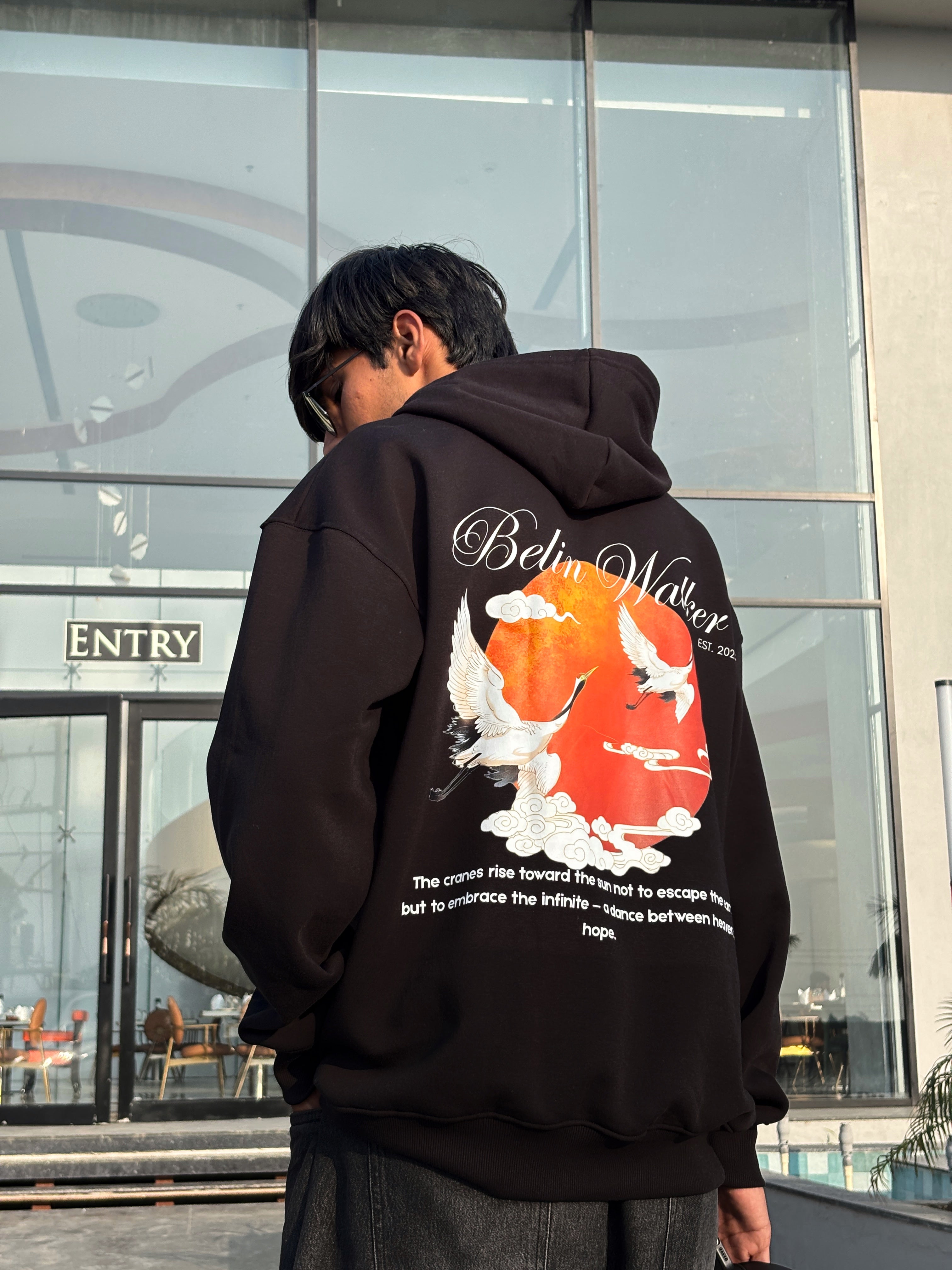 Belin Walker Premium 360 GSM Cotton Hoodie – Crane & Rising Sun Design